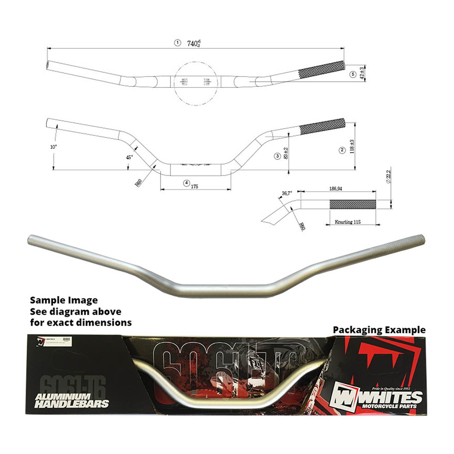 Whites Handlebars Alloy 6061 Taper 1-1/8 Fits Mini MX Silver