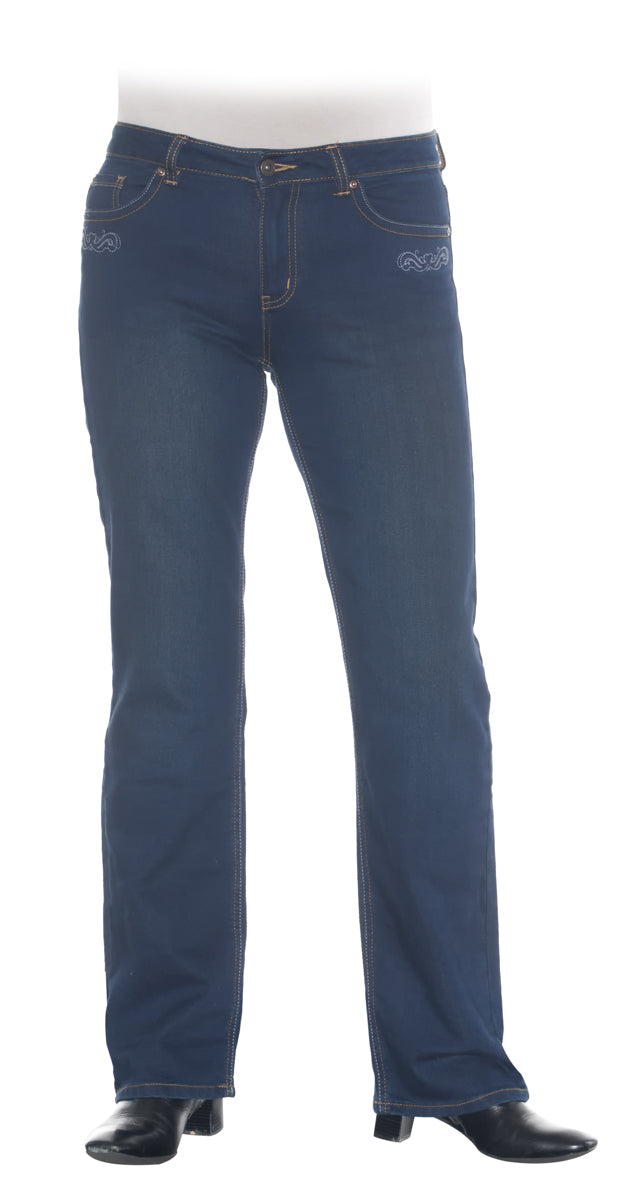 Classic 5 pocket midrise bootleg jeans.  Indigo stretch denim  Stitching in tan and indigo  Embroidery on back pocket and under front pocket in indigo  Fabric detailing back and front  Italian designed fabrics – 98% cotton, 2% spandex.     Sizing 8 to 18 available