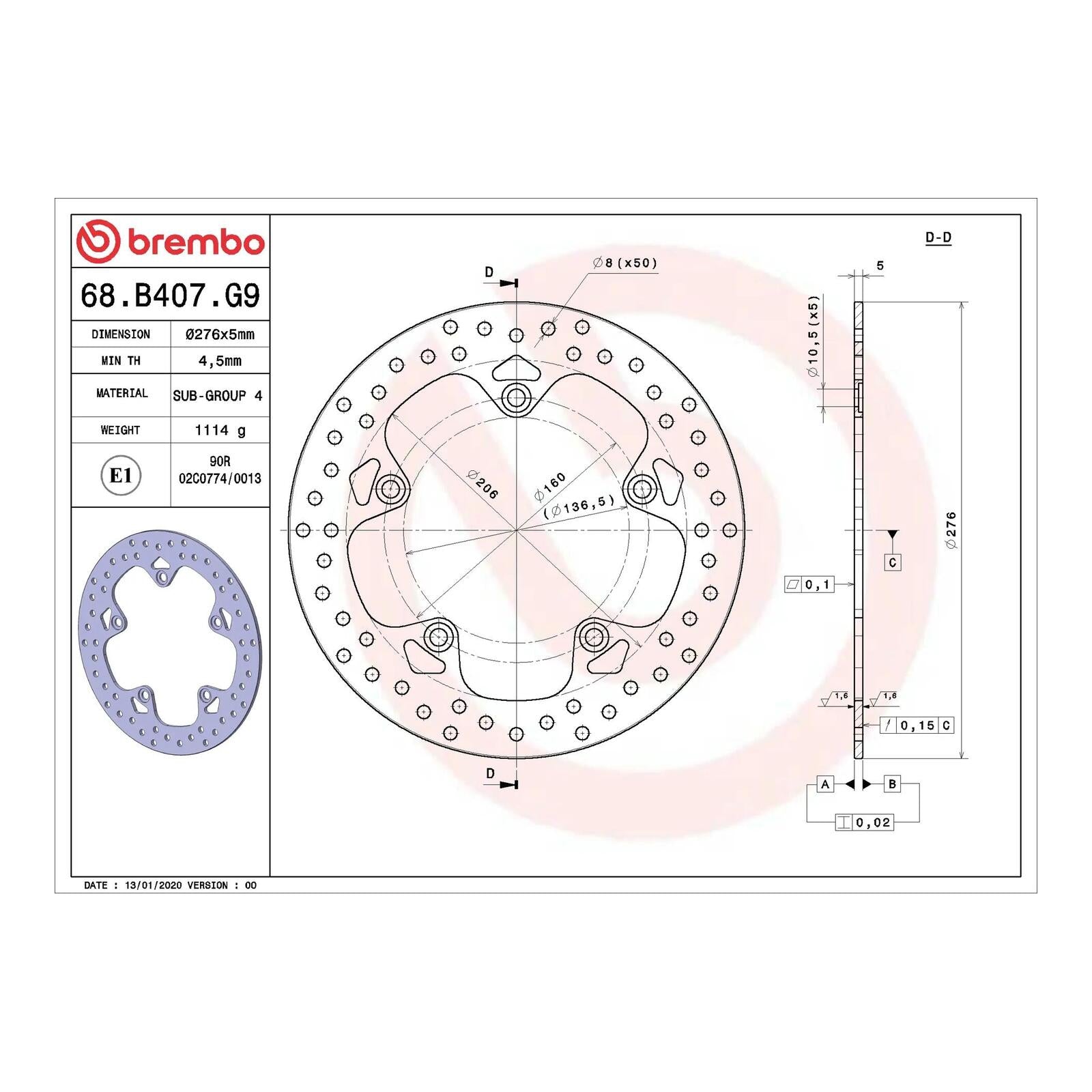 Brembo Prime Serie Oro Rear Brake Disc 68B407G9