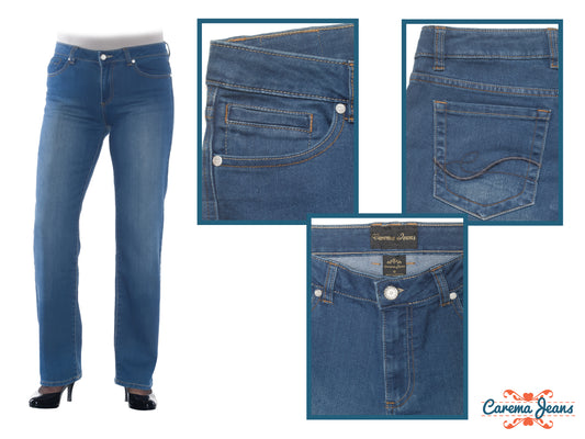 Classic 5 Pocket midrise bootleg Mid blue Jeans   The most comfortable, flattering jeans you will ever wear!!  Subtle fading is used to provide a flattering silhouette, while detailing such as triple belt loops provide interest.  Quality fabric - Italian designed stretch fabric, classic midrise bootleg cut.