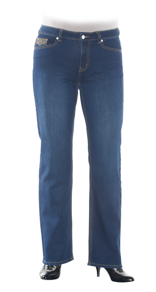 Dark blue stretch denim  Classic 5 pocket midrise bootleg jeans.  Tan stitching  Embroidery on back pocket and front pocket in indigo and tan  Fabric detailing back and front  Italian designed fabrics – 98% cotton, 2% spandex     Sizing 8 to 18 available