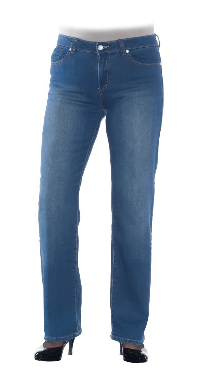 Medium blue stretch denim  Classic 5 pocket midrise bootleg jeans.  Bi-coloured stitching in tan and taupe  Coin pocket with piping detail  Belt loops – 3 centre back, 2 front and 2 at sides  Fabric detailing back and front  Italian designed fabrics – 98% cotton, 2% spandex  Sizing 8 to 18 available